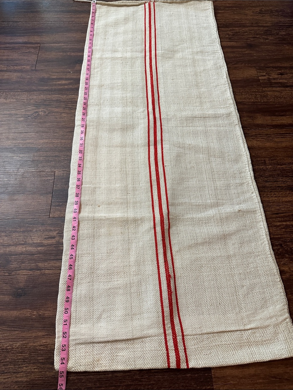 Antique French European Grain Sack Linen Hemp Fabric Red Stripe - Picture 6 of 7
